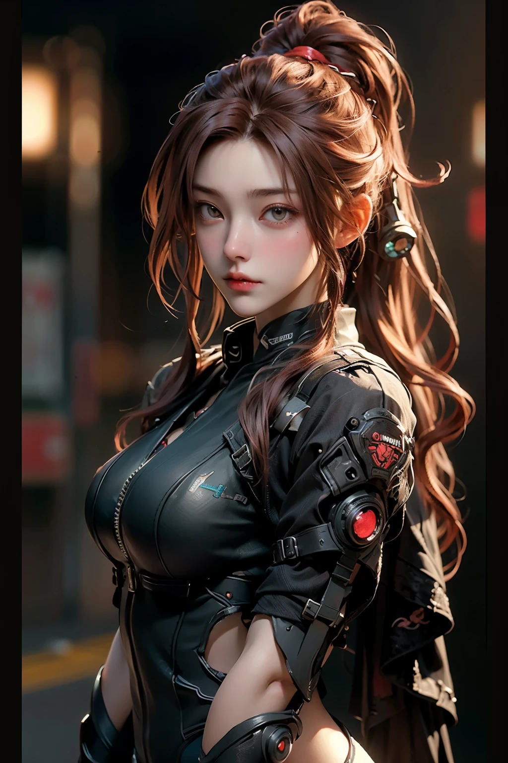 ((best quality)), ((Masterpiece)), (details:1.4), 3d, Image of a beautiful cyberpunk woman., HDR (high dynamic range), long hair, red hair, future police, PBR surface,After processing,Anisotropic filtration,depth of field, Maximum clarity and clarity, multi-layered surface, perfect proportions, 8K raw files,
