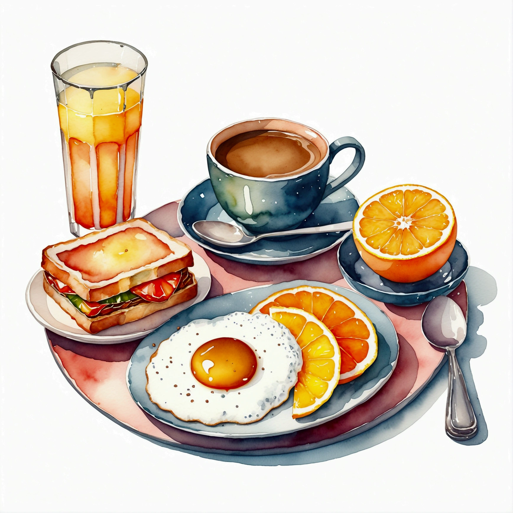 A watercolor painting of javanese indonesia breakfast menu, with a cup of coffee and orange juice, isolated, surrounded with negative space, vector clipart