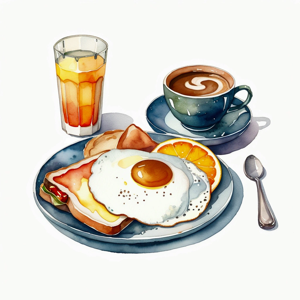 A watercolor painting of javanese indonesia breakfast menu, with a cup of coffee and orange juice, isolated, surrounded with negative space, vector clipart