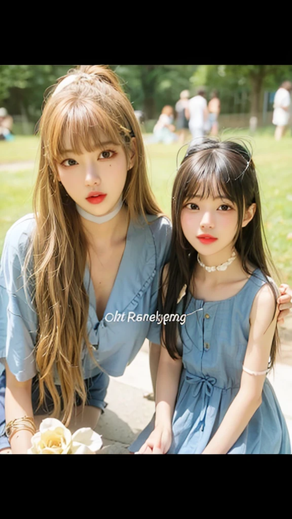 (2 girls), Indonesian , 12 years,kin, Round breast, blue eyes, meadow, silver hair, 8K, The details are very realistic...., The best of photography Wear a jeans skirt.... 