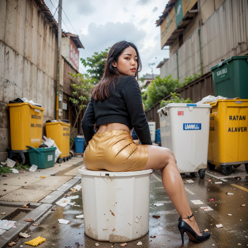 beautiful woman，pretty lady MoonLay, elegant korean model，smooth face skin, Ulzzang hair，Ulzzang makeup，double eyelids，Big eyes，flashy makeup，Semi-long，black hair，business woman，high class female secretary，night，outdoors，darkness，Southeast Asia slums，Slum Street，In the real night, in a dark alley，Narrow back alley，Between Buildings，Back alley of slum entertainment district，There is a lot of garbage on the street，Empty cans are falling，Filth is falling，Garbage dump，wet ground，In the real night, in the back alleys of the slums，In the real night，Elegant black wool business suit，black wool jacket，white collared shirt，amazing big breasts，big breasts，sexy cleavage，(Tight skirt made of elegant black wool fabric cover full buttock )， (partially upskirt with white panty)， sexy legs，sexy thighs，Leather Pumps，long legs，sitting in the trash can，汚いsitting in the trash can，Metal trash can sitting in the trash can，sitting with legs apart，Legs wide open，Opening her legs and showing her shorts，showing red shorts，Panty shot，looking at the camera，facing forward，facing this way，Angle from your feet, Angle from below, Angle looking up from below, Crotch show off，midnight,dark,