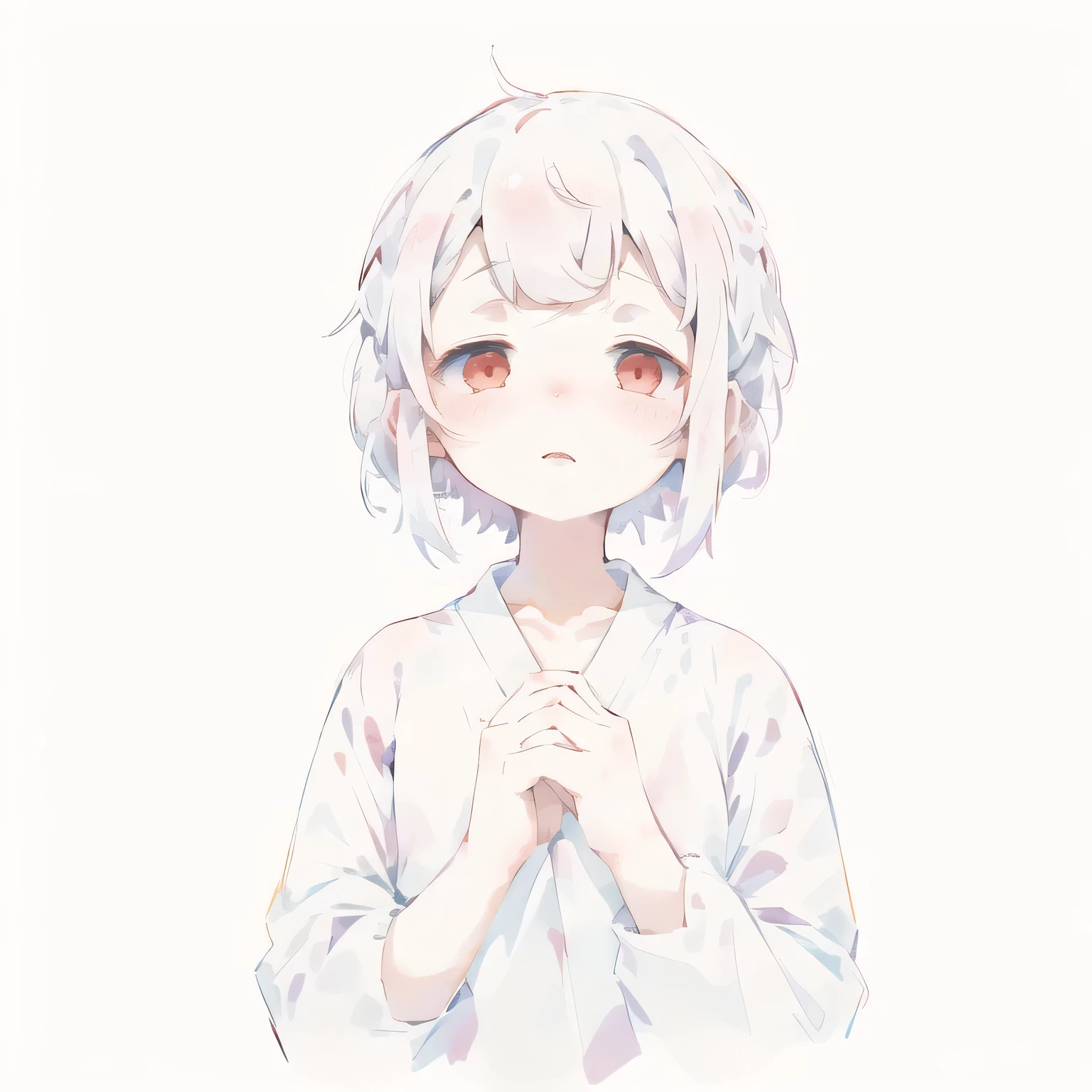 Anime girl with white hair and red eyes standing in front of a white background, Cute girl anime visuals, Soft anime illustration, Girl with short white hair, ( ( ( yoh yoshinari ) ) ), Pale young ghost girl, sayori, shikamimi, Created by Anime Painter Studio, Young woman anime visual, short bob white hair、masterpiece