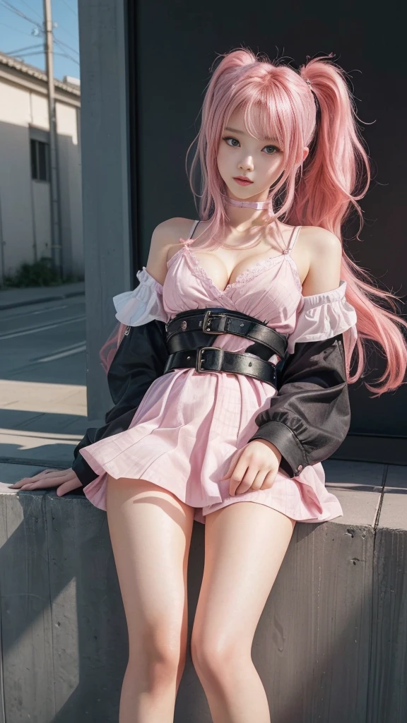女の子 with pink hair and a black belt sitting on a wall, Beautiful school girl, Cute girl visuals, Smooth CG art, Surreal, Cute girl in a nice dress, Seductive girls, (Beautiful breasts, Cleavage), Thin thighs, Small beautiful butt, (Belted waist:1.3), Surreal , cute girl, Young girl, beautiful girl, Baby Face, ), I also make fan art, (Detailed eyes and face:1.3, Professional photography techniques), (Highest quality, 8K, masterpiece:1.2, RAW Photos), (Photorealism:1.4), Gaze at the viewer, (blush:1.2), (Perfect Anatomy:1.3), (Detailed hands:1.2, Beautiful little hands of a girl:1.3), (Smooth and beautiful body)