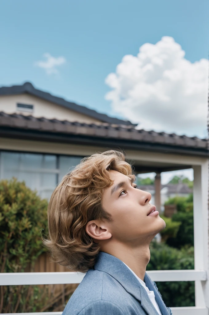 Beautiful and handsome very realistic curly-ish blonde-caramel haired softboy-ish BTS-like kinda young asian male boy looking up in a open area with a house in the background and a light blue kinda cloudy sky, frontal vision