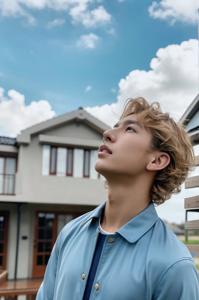 Beautiful and handsome very realistic curly-ish blonde-caramel haired softboy-ish BTS-like kinda young asian male boy looking up in a open area with a house in the background and a light blue kinda cloudy sky, frontal vision