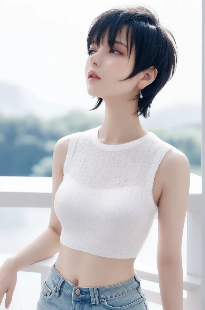 {{a extremely delicate and beautiful girl}}, {{extremely delicate and beautiful girl}}, {{{soft focus}}}, {{{perfect details}}}, {{{detailed and beautiful}}}, close shot, looking away, depthoffield, look up to, beautiful detailed fullbody, longuette, {{{woman}}}, young, very short hair, spiked hair, wept bangs, grey hair, Perfect face, ?, detailed beautiful eyes, white skin, piercing, harajuku fashion, sleeveless shirt, open clothes, landscapes, white background, blurry background, cinematic lighting, flowing transparent white, {{{best masterpiece}}}, {{{best quality}}}, {{{extremely detailed 8K wallpaper}}},