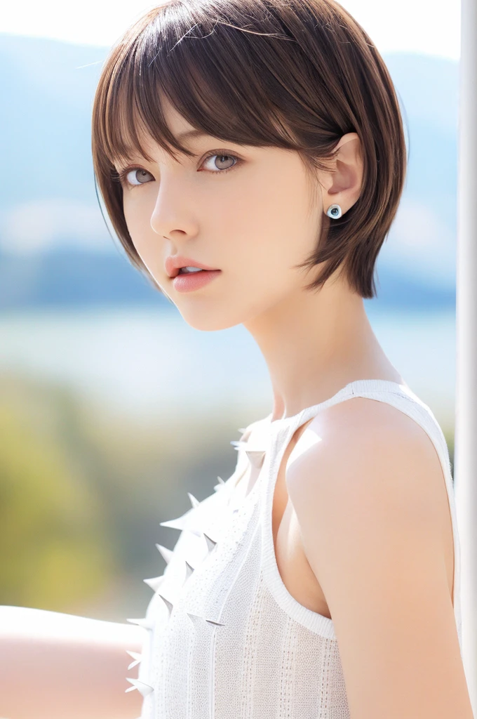 {{a extremely delicate and beautiful girl}}, {{extremely delicate and beautiful girl}}, {{{soft focus}}}, {{{perfect details}}}, {{{detailed and beautiful}}}, close shot, looking away, depthoffield, look up to, beautiful detailed fullbody, longuette, {{{woman}}}, young, Bob hair, spiked hair, wept bangs, grey hair, Perfect face, ?, detailed beautiful eyes, white skin, piercing, harajuku fashion, 白いシャツ,sleeveless shirt, open clothes, landscapes, white background, blurry background, cinematic lighting, flowing transparent white, {{{best masterpiece}}}, {{{best quality}}}, {{{extremely detailed 8K wallpaper}}},
