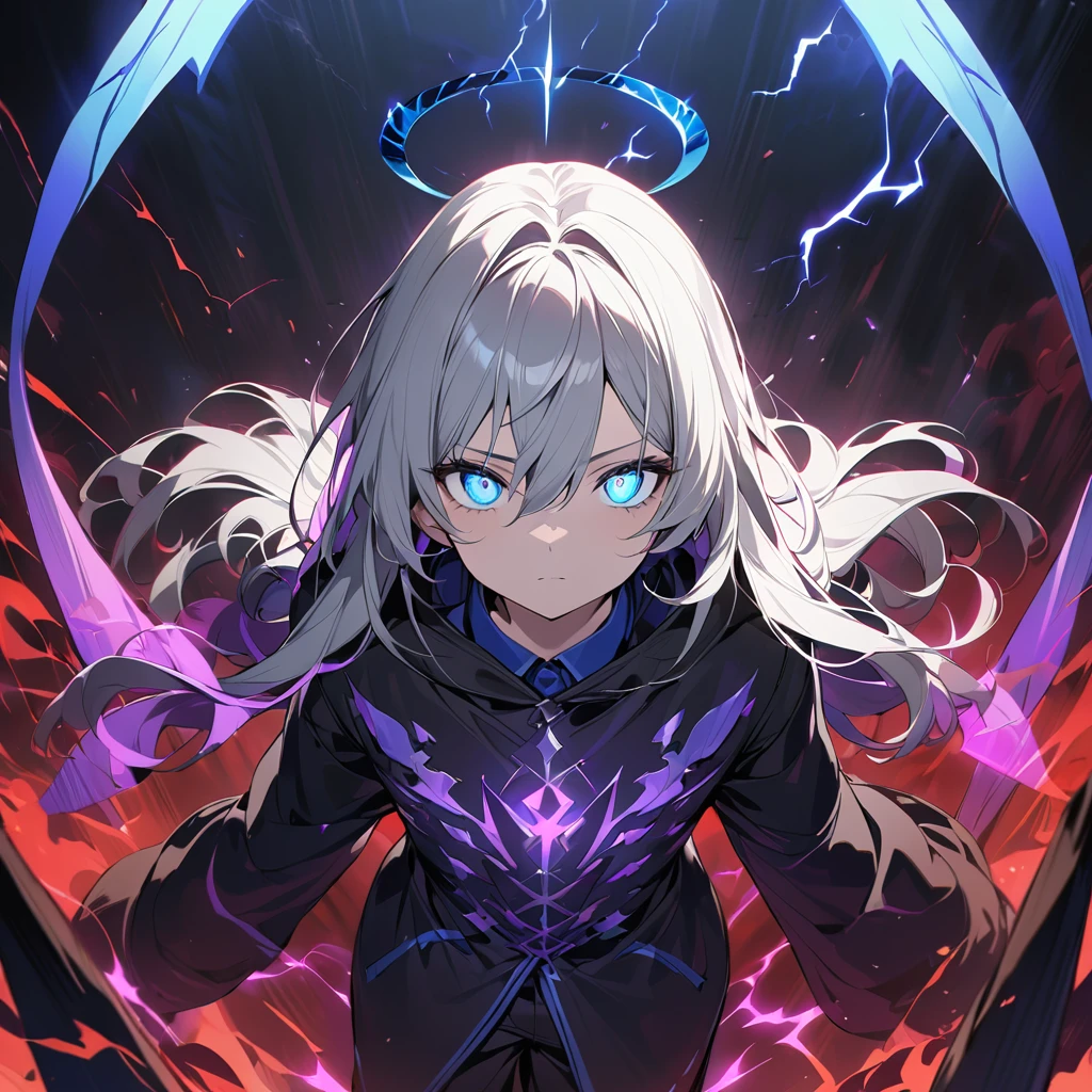 elementary, Shadow Surrounding Girl, lightning, Green Aura, Red aura, Purple aura, Flames surrounding the girl, masterpiece, Dark Theme, Highest quality, Maximum details, Very fine eye, Professional coloring, cinematic lightning, Remaining, Written boundary depth, Backlight, One Girl, Young girl, Silver Hair, Long Hair, Hair between the eyes, Black Halo, Shining blue sea, Blue Flame, Large, black, translucent magical wings on his back, Fantasy-inspired costumes, Black long coat, shirt, Black trousers, Expressionless, heterochromatic eyes, Purple left eye, Blue right eye, Odd Eye, Glowing Eyes, Show a close-up of your face, Facing forward, Countless magical swords are floating, Slashing Effects
