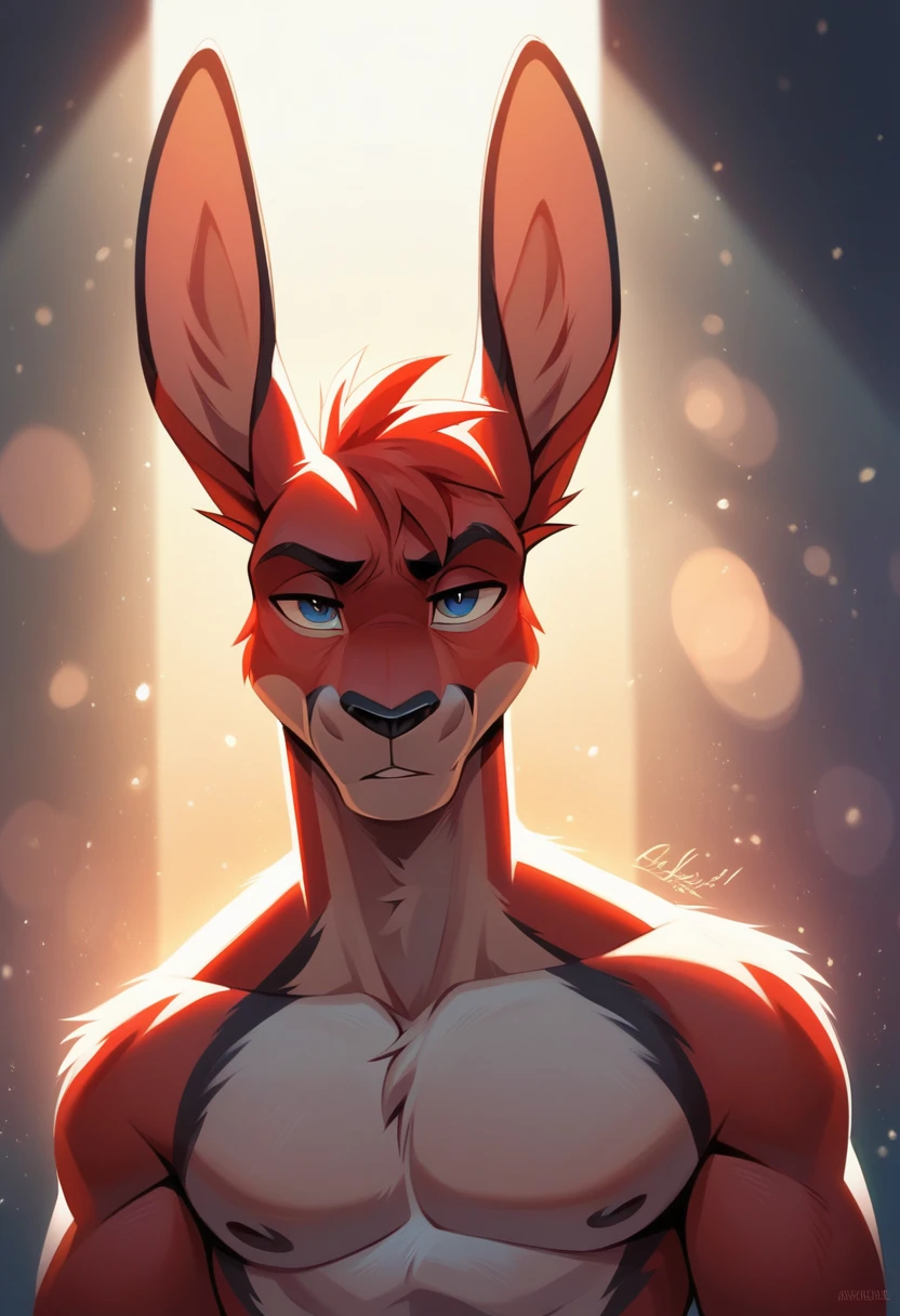 solo male, kangaroo , furry, red fur, Black fur stripe, netral, Traumatized face, dynamic lighting, illustration, beautiful, particles (high quality,4k,8k,highres,masterpiece:1.2), ultra-detailed, impressionistic:colorful,