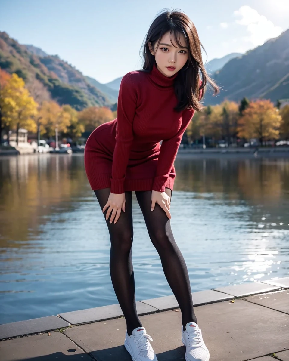 Beautiful Chinese waifu, early 30s, brunette hair, sweater dress, black stockings, trainers 