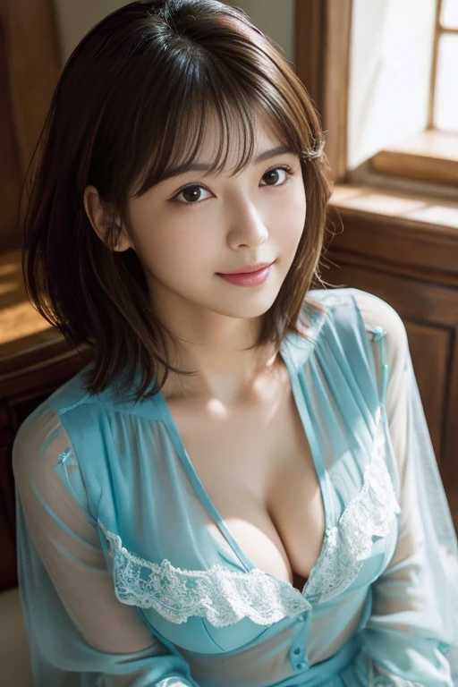 Nipples are visible、(RAW Photos), (Realistic), (masterpiece), (highest quality), High resolution, 8K resolution, (Intricate details), (Volumetric Light), Portraiture, woman,, short hair, Straight hair, Layered Hair, Brown haired, Highly detailed eyes, Source order, Very thin eyebrows, Highly detailed skin, Highly detailed mouth, Highly detailed nose, Cute like an idol, smile, ((Thick lips)), ((Look at the viewers)), (Elegant blouse)、Cleavage、Cleavage、The color of the clothes is up to you、The color of her underwear is see-through blue、