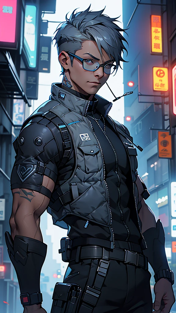 Grey and blue mesh short hair、Glasses、male、Tactical Vest、whole body、cyber punk、City of night、View here、front、