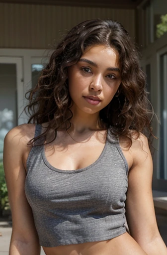 cropped woman with curly hair and a gray tank top, dark brown eyes a digital rendering of Kurt Roesch, shutter, renaissance, gorgeous woman, with textured hair and skin, gorgeous beautiful woman, mixed Latina African American woman, photo d'a black woman, curly black hair, jea black woman, photo d'a pretty woman, curly afro, curly black hair, her face framed by curls, not