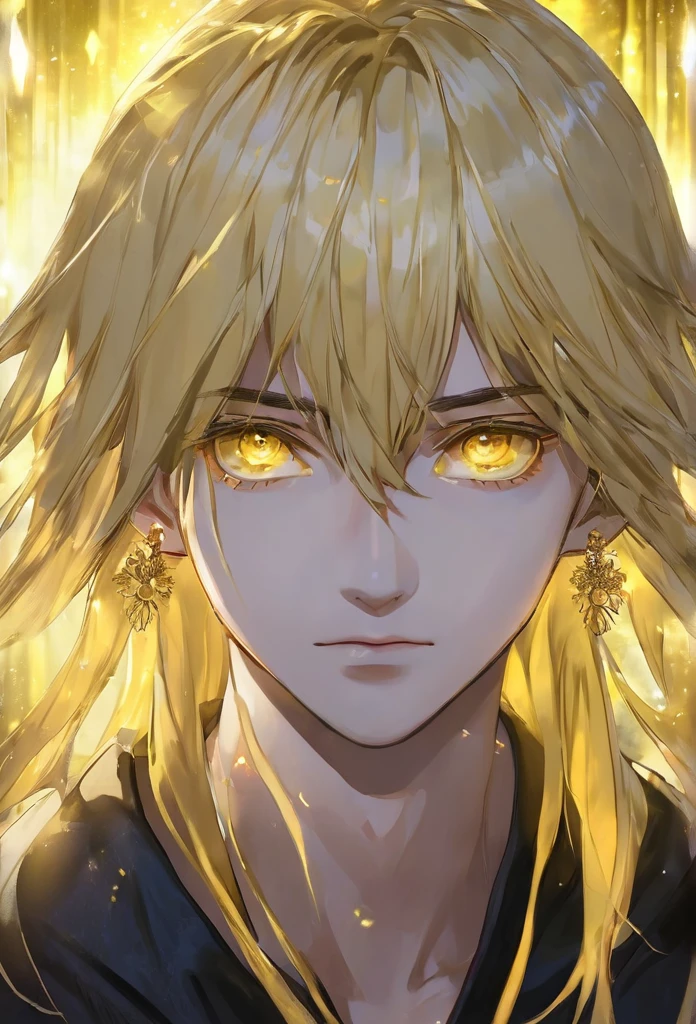 19 years old, male, human, commoner, light yellow hair, shining gold eyes,