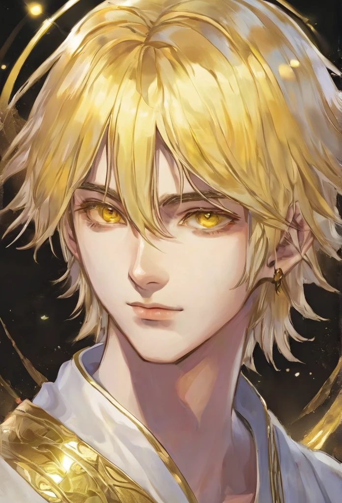 19 years old, male, human, commoner, light yellow hair, shining gold eyes,