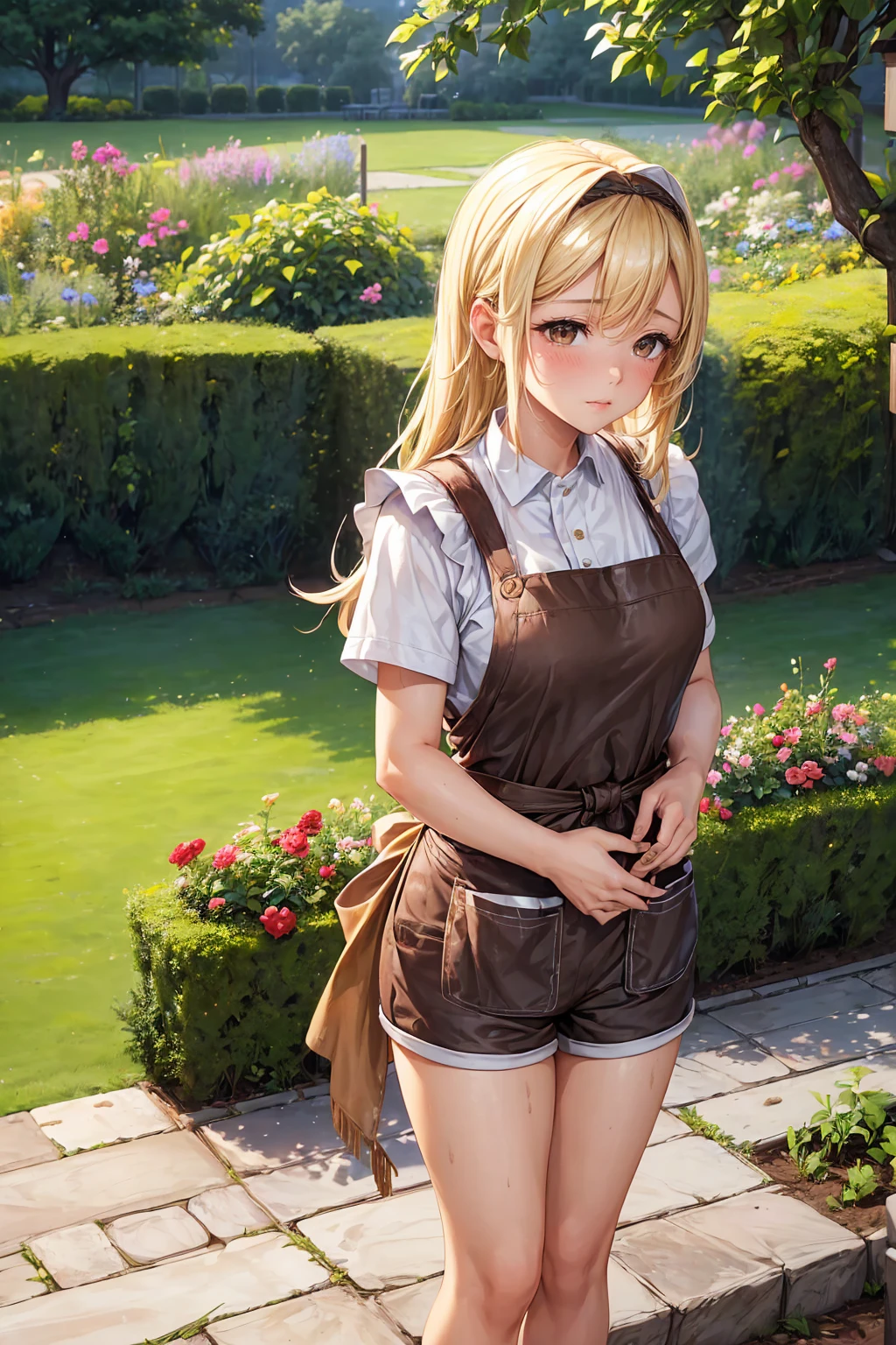 ((Female, blonde hair, brown eyes, in a garden, wearing dirty apron and shorts, blushing , gardener, 4k, great quality))