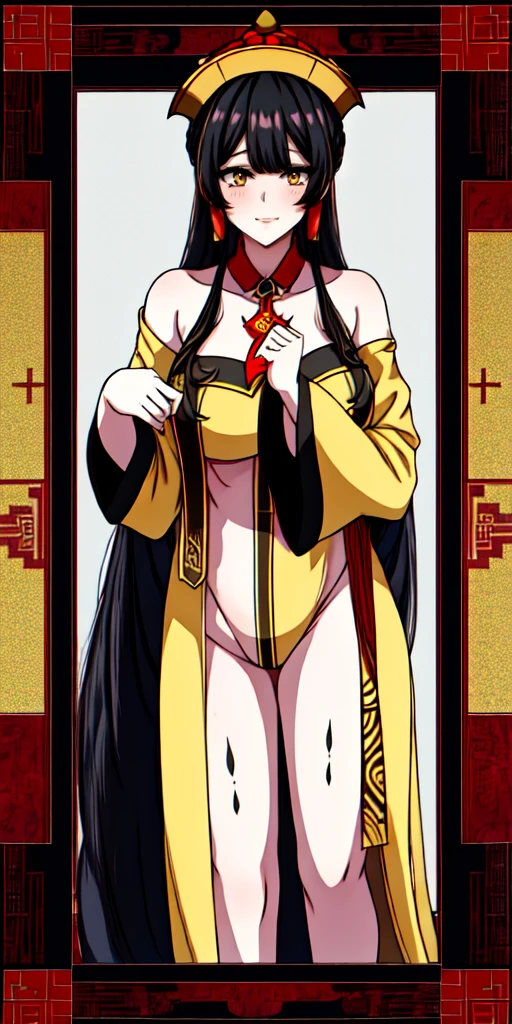 masterpiece, best quality, 4k, 8k, 1 woman, solo, tall stature, long hair, blunt bangs, side braid, black hair, droopy eyes, big eyes, ruby red eye, lemon yellow eye, black eyeliner, black eye shadow, heterochromia, slender frame, evil smile, ofuda, jiangshi costume:1.2, fang, horror, coffin, forest, night, midnight, fog, from front, cowboy shot, look at viewer, paw pose,