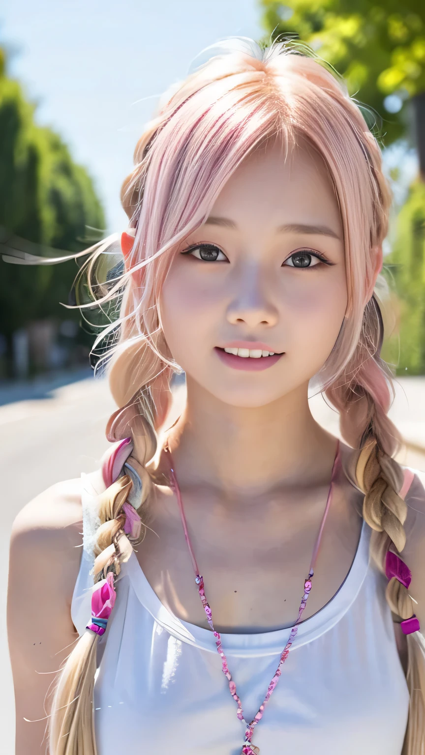 Pale, tanned skin、Sunburn marks on tanned skin、Multicolored Hair、Pink Hair,blonde,Platinum Hair,Brown Hair、A cute with a cute look, A strong wind blows my hair in front of my face、beautiful long blonde French braided hair、beautiful, Cute eyes hidden by long bangs、Yawn、Double teeth、