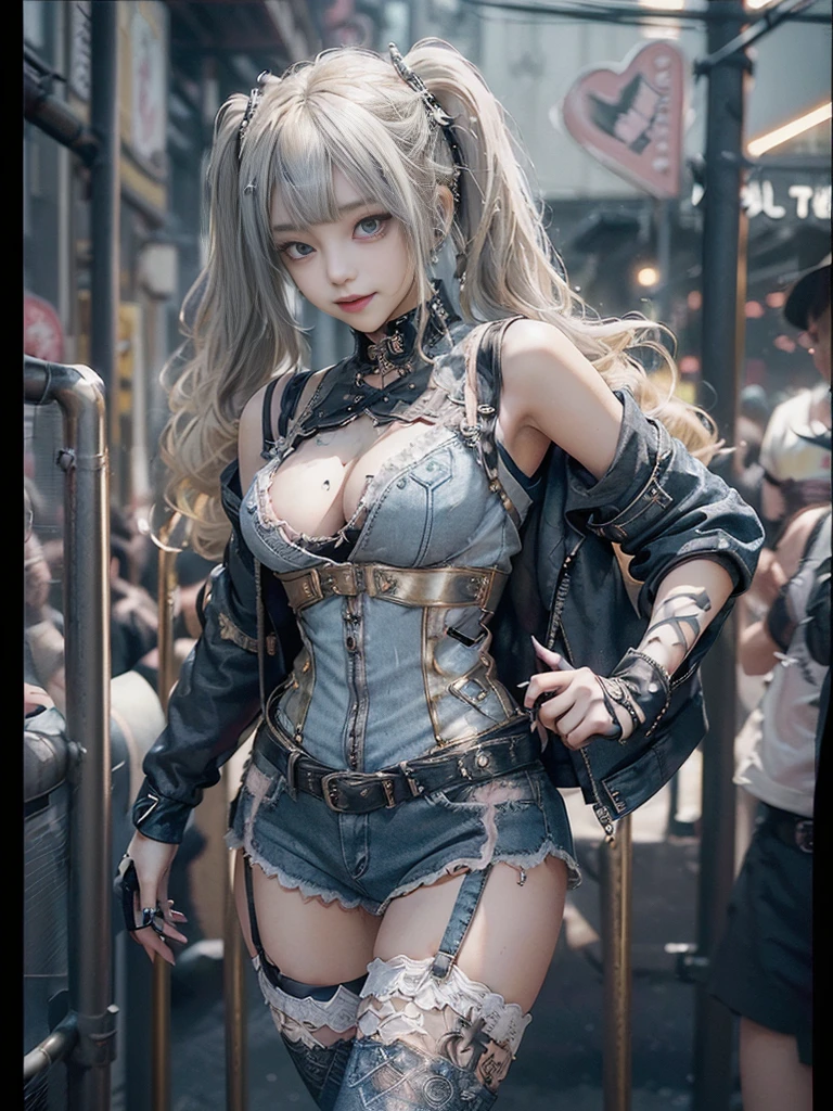 (Full Body View:1.4)、(Full body:1.3)、(Smiling with teeth showing:1.3),(Shibuya Gal:1.5)、(Beautiful:1.4)、(gothic fashion:1.5)、(Punk RockVisual Kei:1.3)、(Futuristic baby doll in black, white and denim:1.5)、(A delicate beige and navy jacket:1.5)、(Denim garter belt:1.5)、(Denim and black and white bodysuit:1.4)、(Heart-shaped silver accessories:1.5)、(Brown Skin Belt:1.4)、(Blue High Heels:1.4)、(Lace patterned underwear:1.4)、20-year-old、NSFW,((Highest quality、In 8K、masterpiece:1.3))、Sharp focus:1.2、(Layered Cut、Beautiful boobs:1.1),Beautiful woman with perfect figure:1.4、(Doing an aerobics pose:1.3)、Slender Abs:1.2、Butt、Highly detailed face and skin texture、Detailed eyes、double eyelid,(Twin tails:1.3)、(Light gold colored hair:1.3)、Obscene、Gravure idol、(Luxurious amusement park at night:1.3)、(Make your legs thinner:1.4)、(Thin thighs:1.4)、(Slim body:1.3)、(clavicle:1.1)