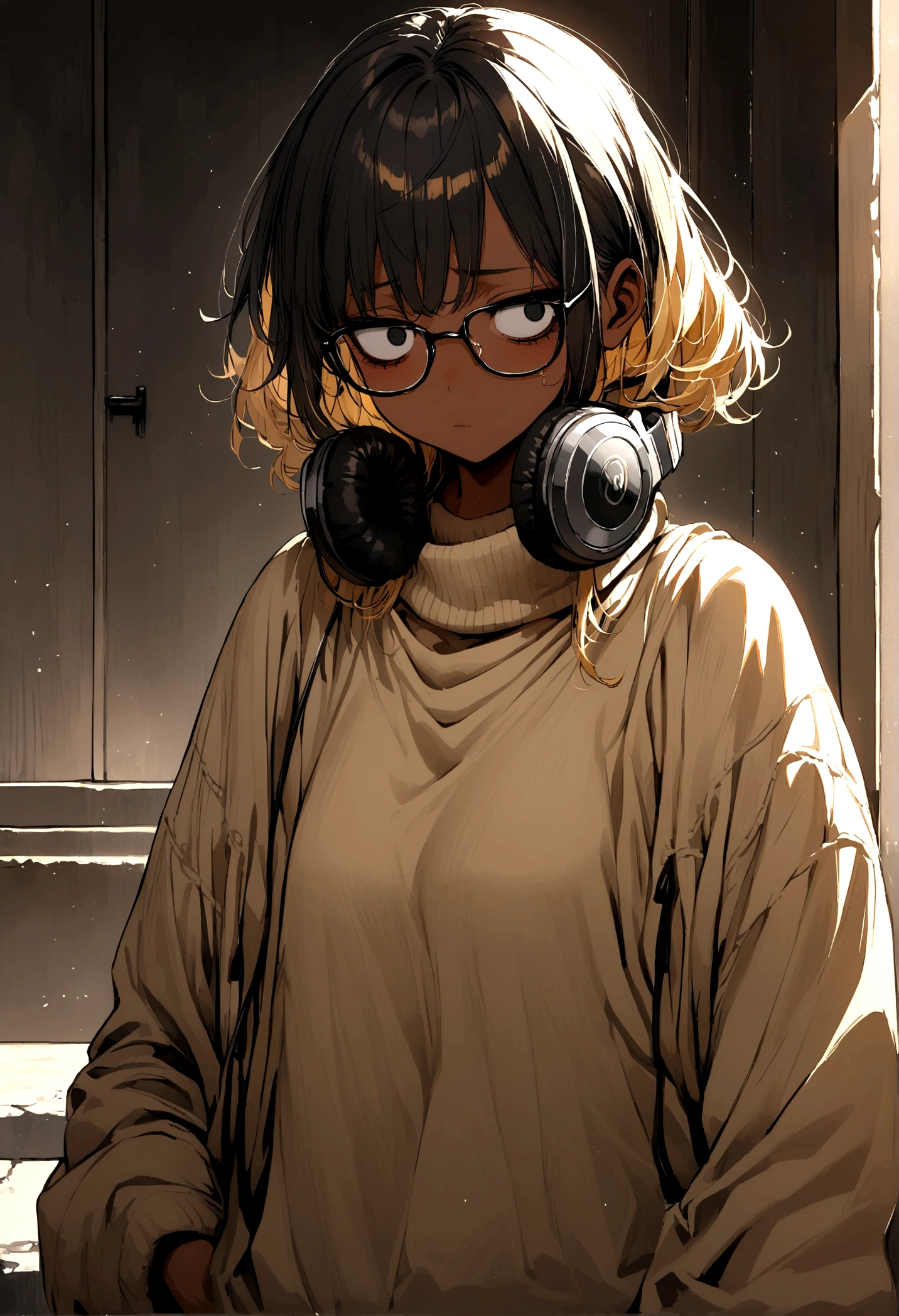 Girl, black hair blonde highlights, brown skin, black square glasses, tired look, eye bags, dead eyes, baggy clothes, big sweater, headphones around neck