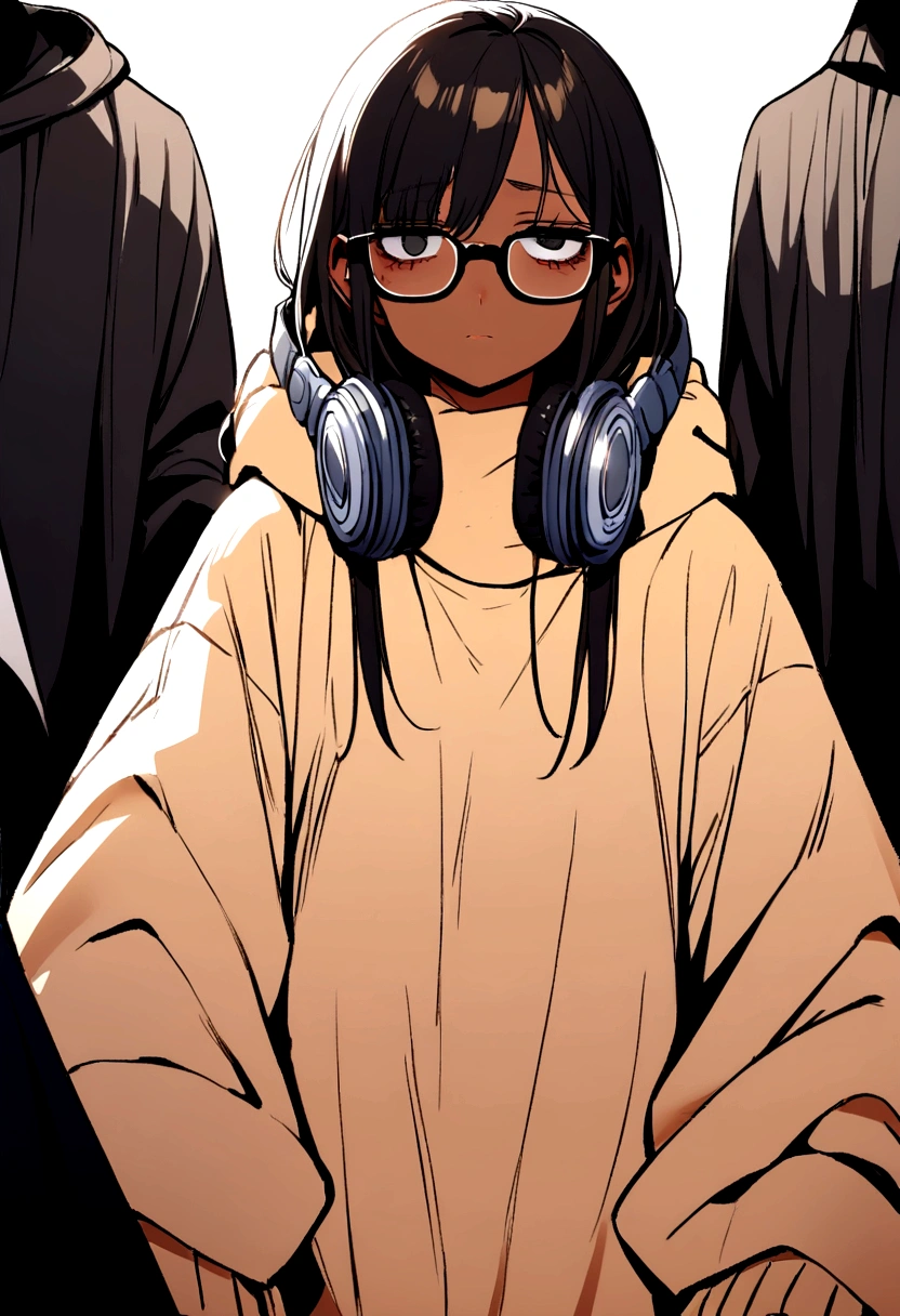 Girl, black hair blonde highlights, brown skin, black square glasses, tired look, eye bags, dead eyes, baggy clothes, big sweater, headphones around neck