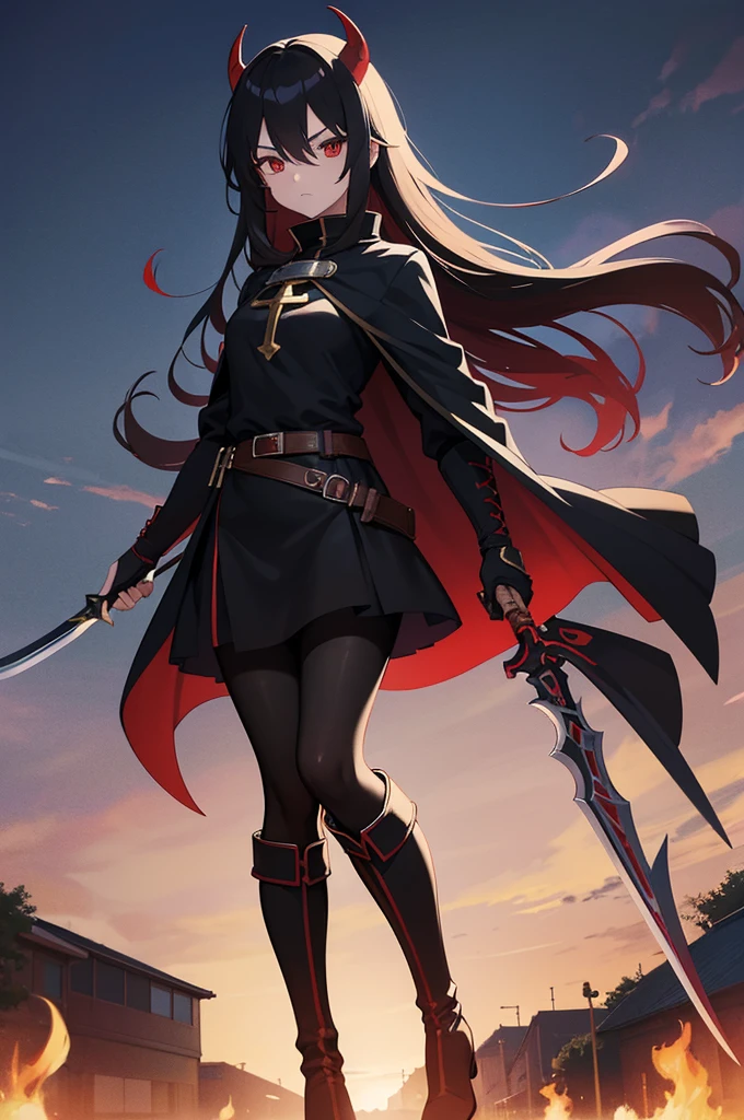 there is an anime character with a giant devil's blade holding the hand, 1girl, solo, long hair, weapon, red eyes, holding, holding weapon, black footwear, boots, pantyhose, cross, knee boots, looking at viewer, belt, capelet, hair between eyes, long sleeves, black capelet, black pantyhose