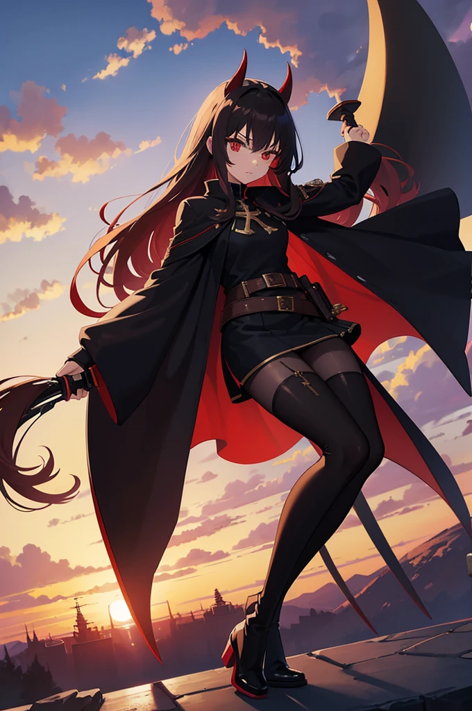 there is an anime character with a giant devil's blade holding the hand, 1girl, solo, long hair, weapon, red eyes, holding, holding weapon, black footwear, boots, pantyhose, cross, knee boots, looking at viewer, belt, capelet, hair between eyes, long sleeves, black capelet, black pantyhose