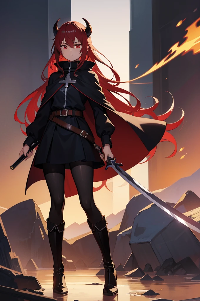 High quality, Hd, 4k, Beautiful female, Blood red hair, scarlet red eyes, black leather clothing, warrior, Shadow of Skadi,