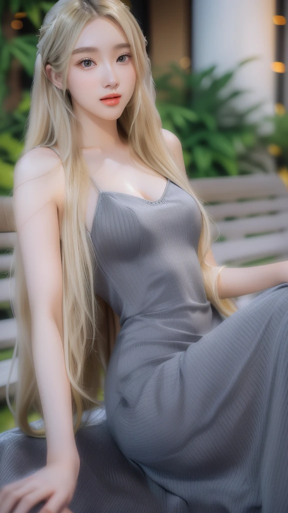 a woman in a gray dress sitting on a bench, long dress, with long hair, tight dress, tall thin beautiful goddess, long hair girl, with long blond hair, tight attire, sexy girl with long blonde hair, waist long hair, asian girl with long hair, sexy dress, extremely long thick blond hair, wearing a long dress, glorious long blond hair, large breasts, cleavage