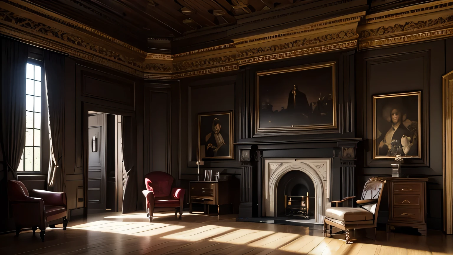 there is a room with a fireplace and a chair in it, gothic mansion room, room of a dark mansion, victorian room, foreboding room, in a dusty victorian home, photorealistic dark concept art, interior of a victorian house, rendered in unreal engine 6, unreal engine realistic render, unreal engine 3 d render, hdr render in unreal engine 5