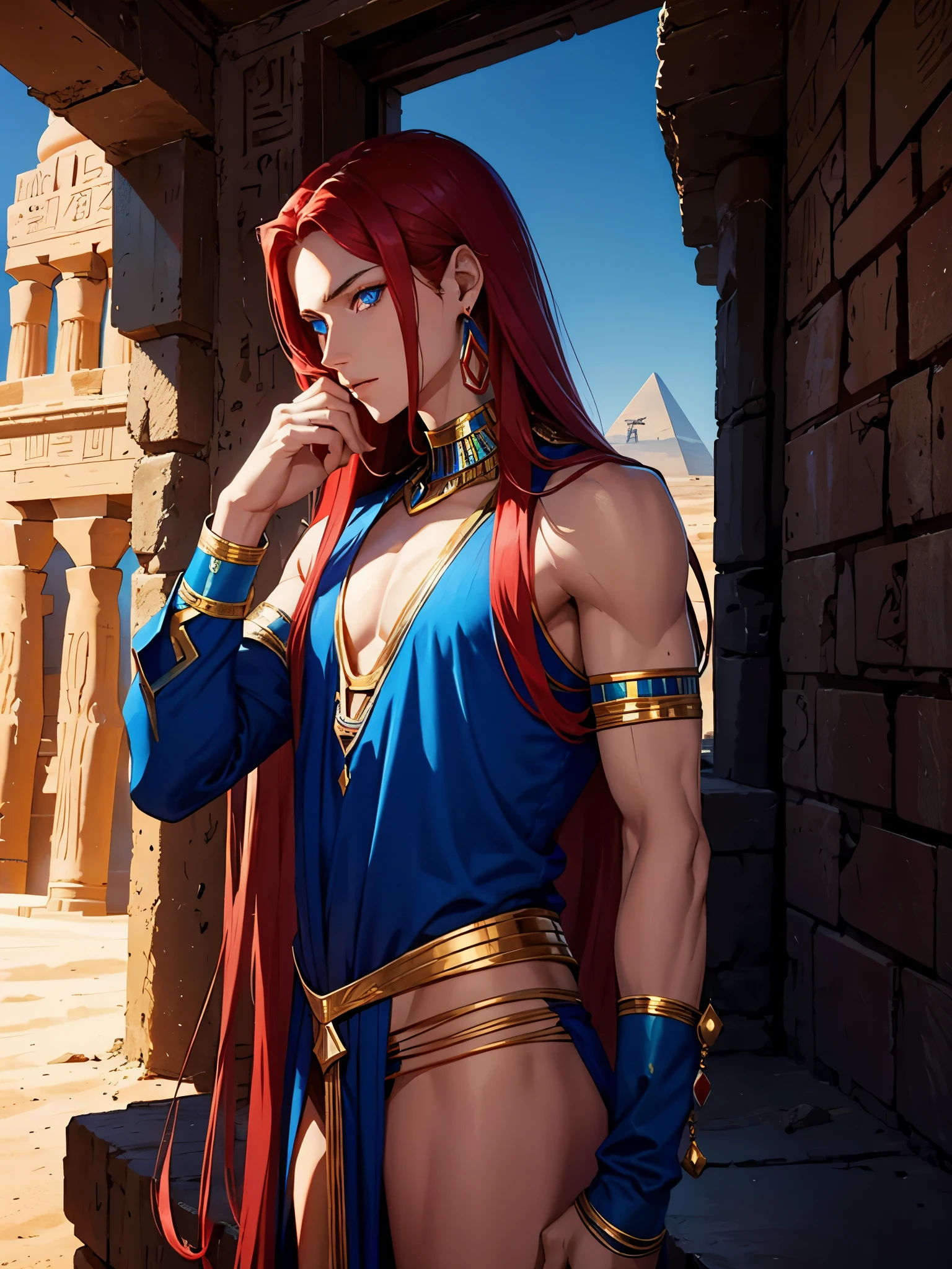 Egyptian deity Seth. Teenager. long red hair, Lots of jewelry. light skin. blue eyes. Rotes Make Up. Sweet boy. boy. narrow.