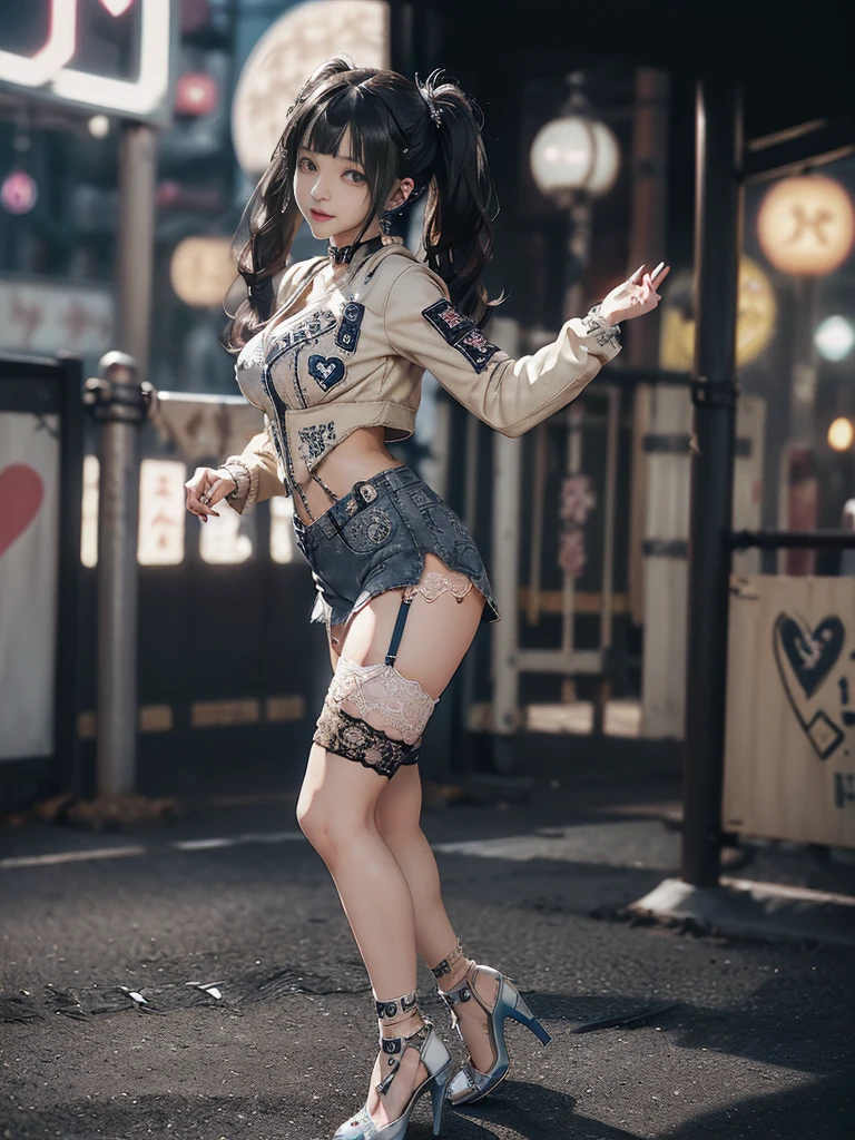 (Full Body View:1.2)、(Full body:1.3)、(Smiling with teeth showing:1.3),(Shibuya Gal:1.5)、(Hostess:1.4)、(Neo-goth fashion:1.5)、(Punk RockVisual Kei:1.3)、(Futuristic bodysuit in white, beige and denim with embellishments:1.5)、(A delicate short jacket in denim, beige and navy:1.5)、(Denim garter belt:1.5)、(Tattered denim and a white micro mini skirt:1.3)、(Heart-shaped silver accessories:1.5)、(Brown Skin Belt:1.4)、(Blue High Heels:1.4)、(Lace patterned underwear:1.4)、20-year-old、NSFW,((Highest quality、In 8K、masterpiece:1.3))、Sharp focus:1.2、(Layered Cut、Huge boobs:1.1),Beautiful woman with perfect figure:1.4、(Doing an aerobics pose:1.3)、Slender Abs:1.2、Butt、Highly detailed face and skin texture、Detailed eyes、double eyelid,(Twin tails:1.3)、(Black brown hair:1.3)、Obscene、Gravure idol、(Luxurious amusement park at night:1.3)、(Make your legs thinner:1.4)、(Thin thighs:1.4)、(Slim body:1.3)、(clavicle:1.1)