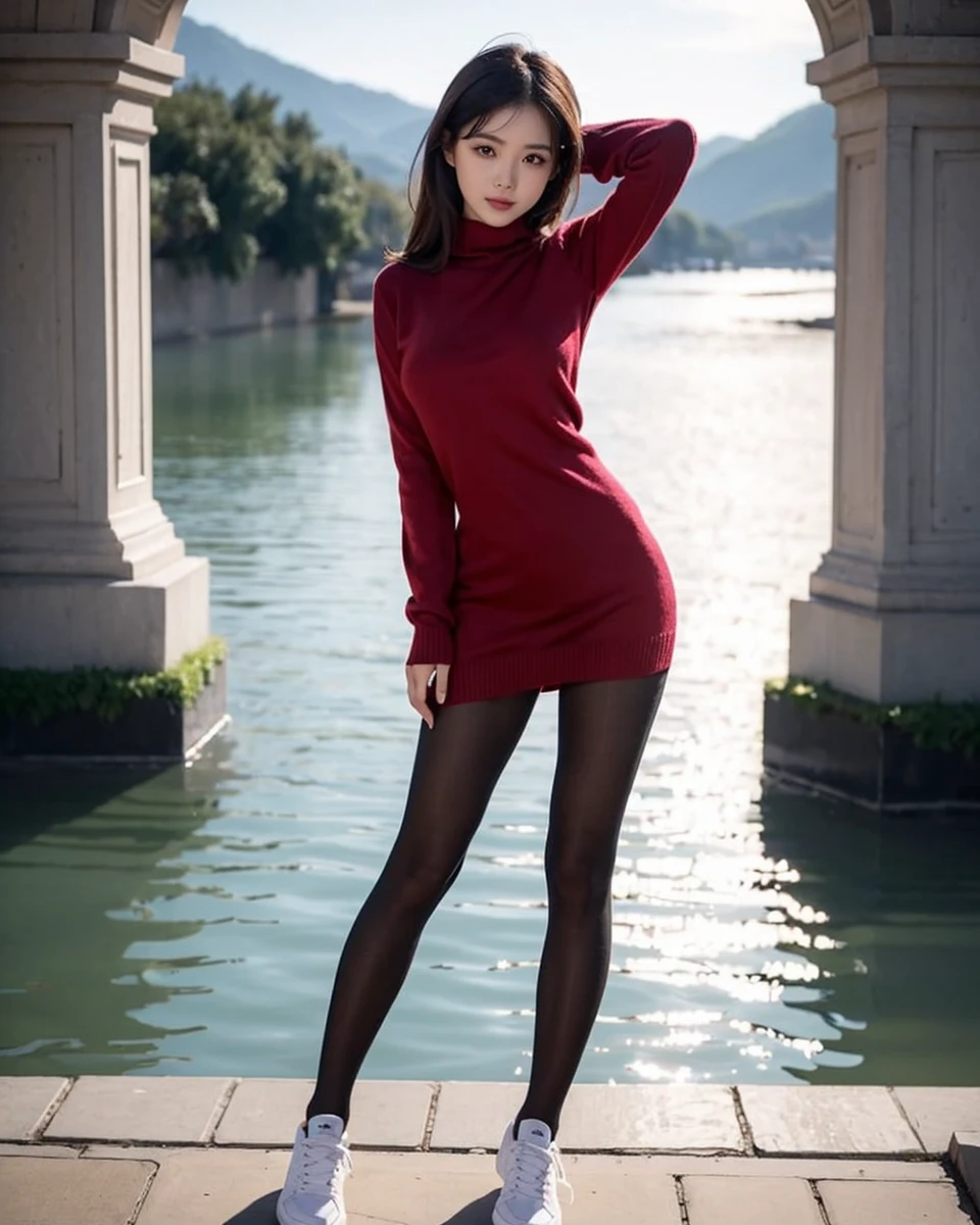 Beautiful Chinese waifu, early 30s, brunette hair, sweater dress, black stockings, trainers 