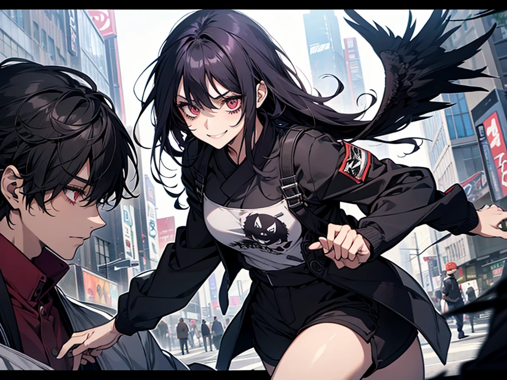 A girl in the Boku no hero style, She is wearing her hero outfit which consists of, a long-sleeved jumpsuit that covers your entire neck and ends in shorts, on top a kimono with a raven on each side drawn on it,
.The girl is transformed into a zombie her hair is now completely black like her eyes but her iris is red her hair is loose she has a smile on her face while controlling other zombies in Tokyo square, She is fighting a man