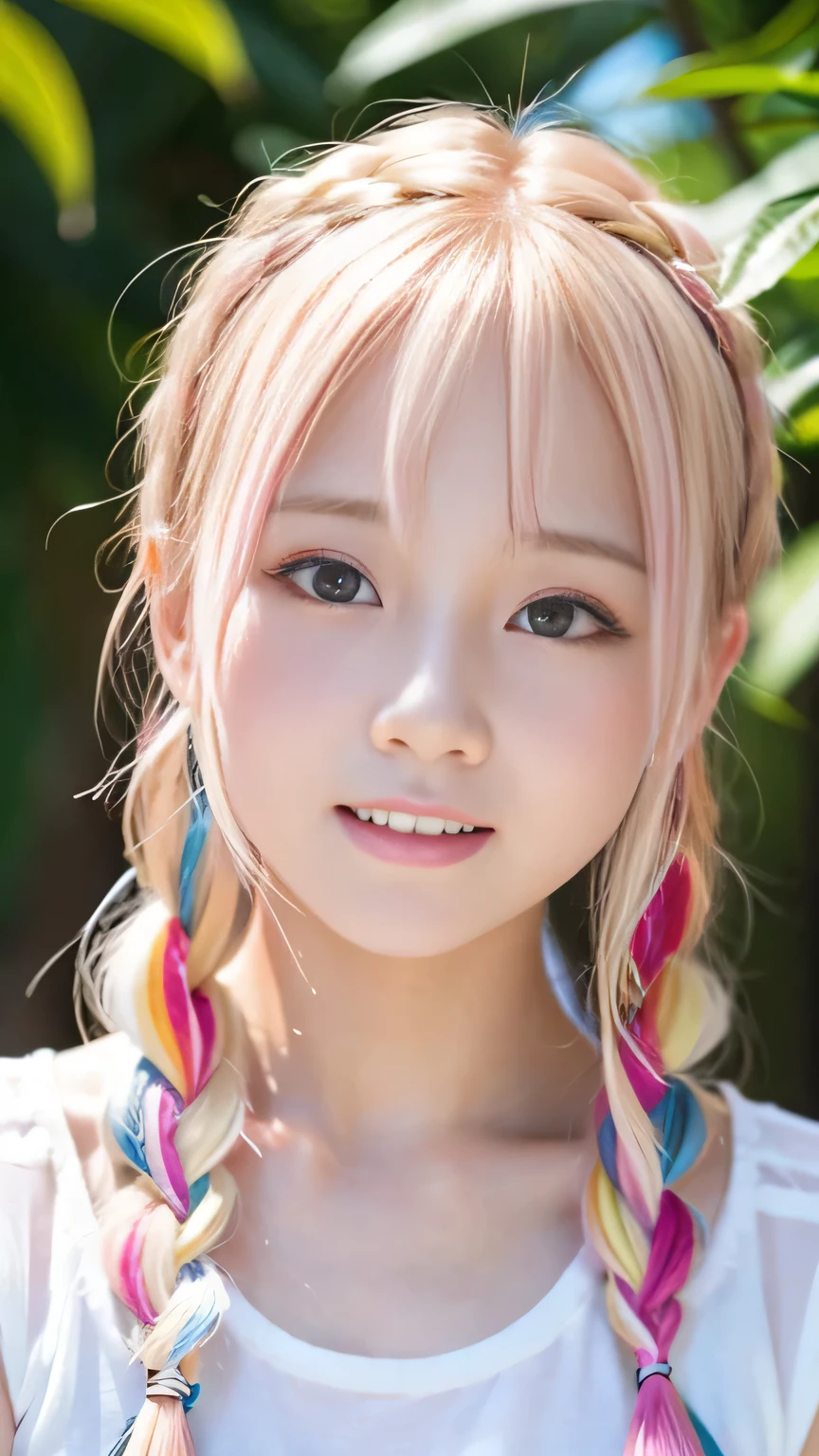 pale, Sunburned skin、Sunburn marks on Sunburned skin、Multicolored Hair、Pink Hair,blonde,Platinum Hair,Brown Hair、A cute -yeld giwith a cute expression, A strong wind blows my hair in front of my face、beautiful long blonde French braided hair、beautiful, Cute eyes hidden by long bangs、yawn、Double teeth、Reduces the appearance of nasolabial folds、