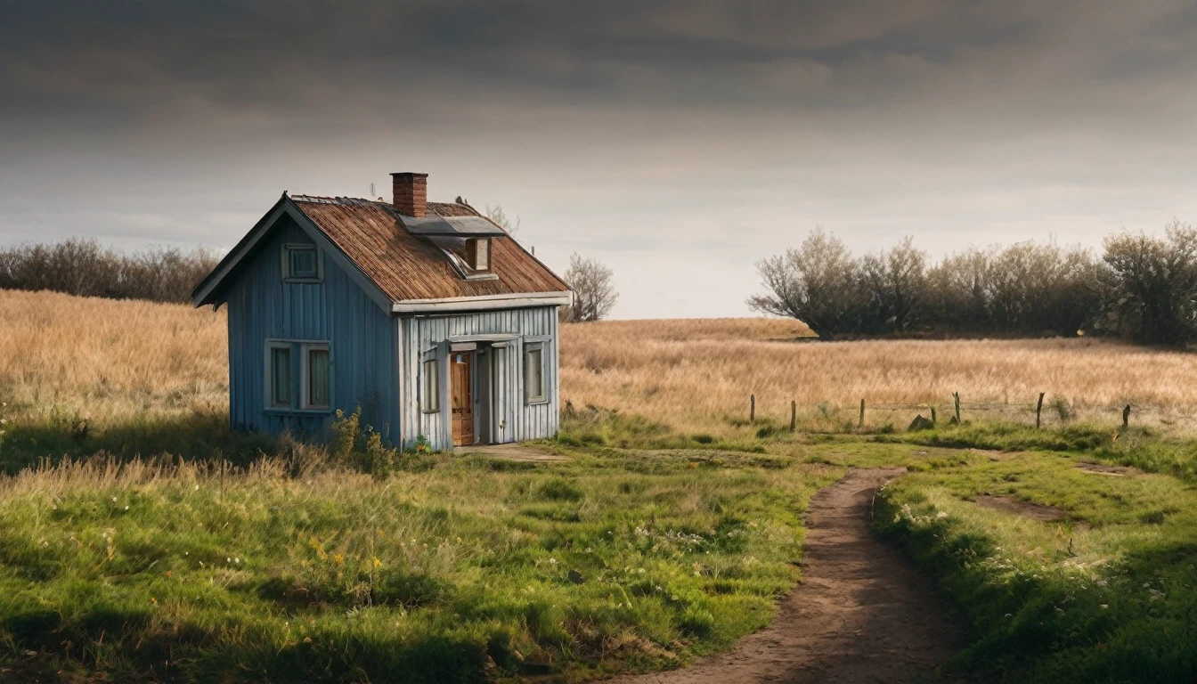 small house, end of the street, close to an open field, isolated, quiet day, no people in the environment