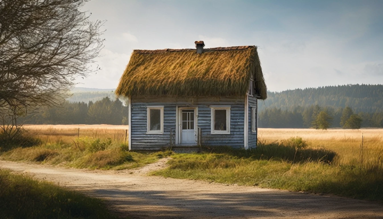 small house, end of the street, close to an open field, isolated, quiet day, no people in the environment