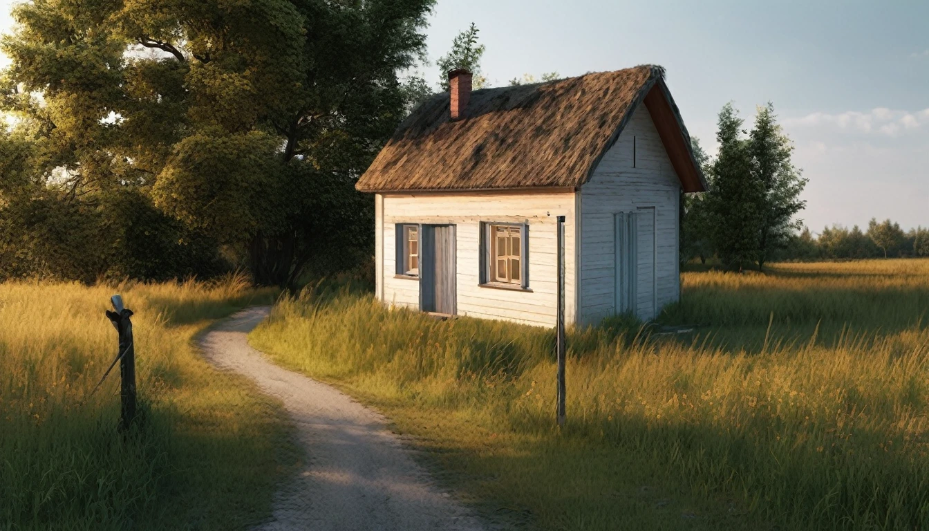 small house, end of the street, close to an open field, isolated, quiet day, no people in the environment