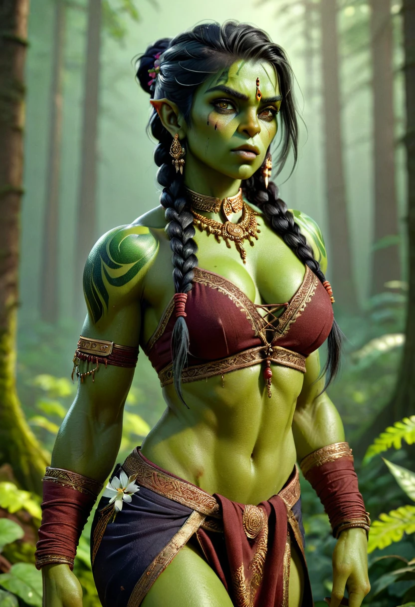 (danahamm:1.08), (style-sylvamagic:0.88), (extremely detailed CG octane render 8k wallpaper), the most beautiful artwork in the world, a Full body shot photo of a sexy solo woman looking at the camera, (nsfw:0.50), full dynamic color, Intricate, High Detail, Sharp focus, dramatic, photorealistic masterpiece painting, modelshoot style, orc women, tusks, green skin, 6 pack, toned, muscles, biceps, pouty lips, long single braid hair wuth shaved sides, east indian clothing