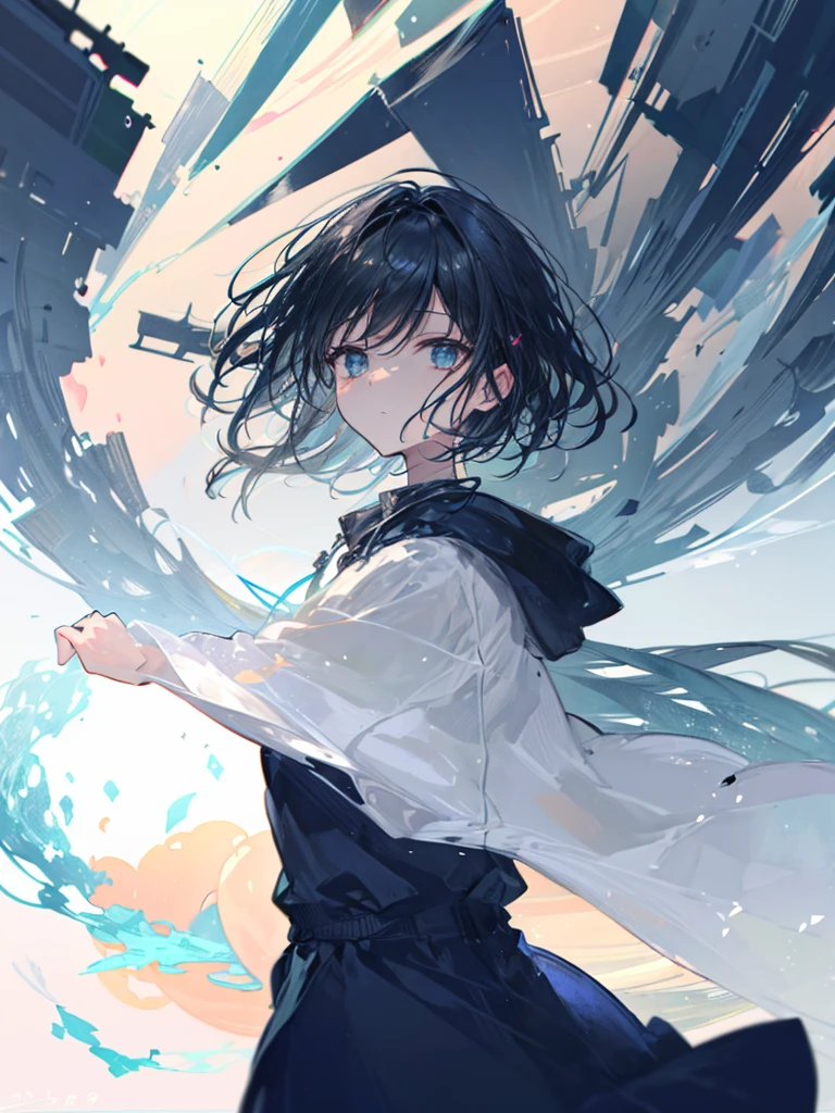 (((1 person)))　((High resolution　Black Hair　short hair　 shoulder))　((Black Band　Lonely　despair　blue eyes))　　moon　star　nude, unbuttoned clothes, beautiful girl, high school girl, kimono, breasts