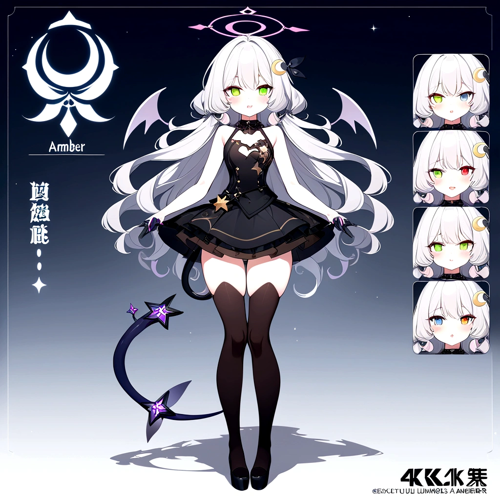 woman 160 cm tall, slim build. (character design sheet: front view). Long Wavy Gray Hair with Knee Length Curls. (heterochromia: one light green eye and one amber eye), she has little ribbons in her hair, crescent-shaped barrette on the right side of the hair. extremely detailed face, small face, Beautiful detailed eyes, beautiful detailed lips. adorable, extremely detailed legs, (Best Quality, 4k, 8k, high resolution), ultra detailed, Exquisite and epic character art. Black high stockings with gold star print. Black platform heels, One-piece dress with low waist and ruffles. Black mechanical arms with pink shoulder length, dark gray belt at the waist with a small platinum blue crescent, black collar on the neck. He has short angel wings on his back that are dark blue and black.. It has a succubus tail that ends in a heart shape at the tip. Wide hips. Wears a luminous gray and black halo with rose patterns. (small chest size).