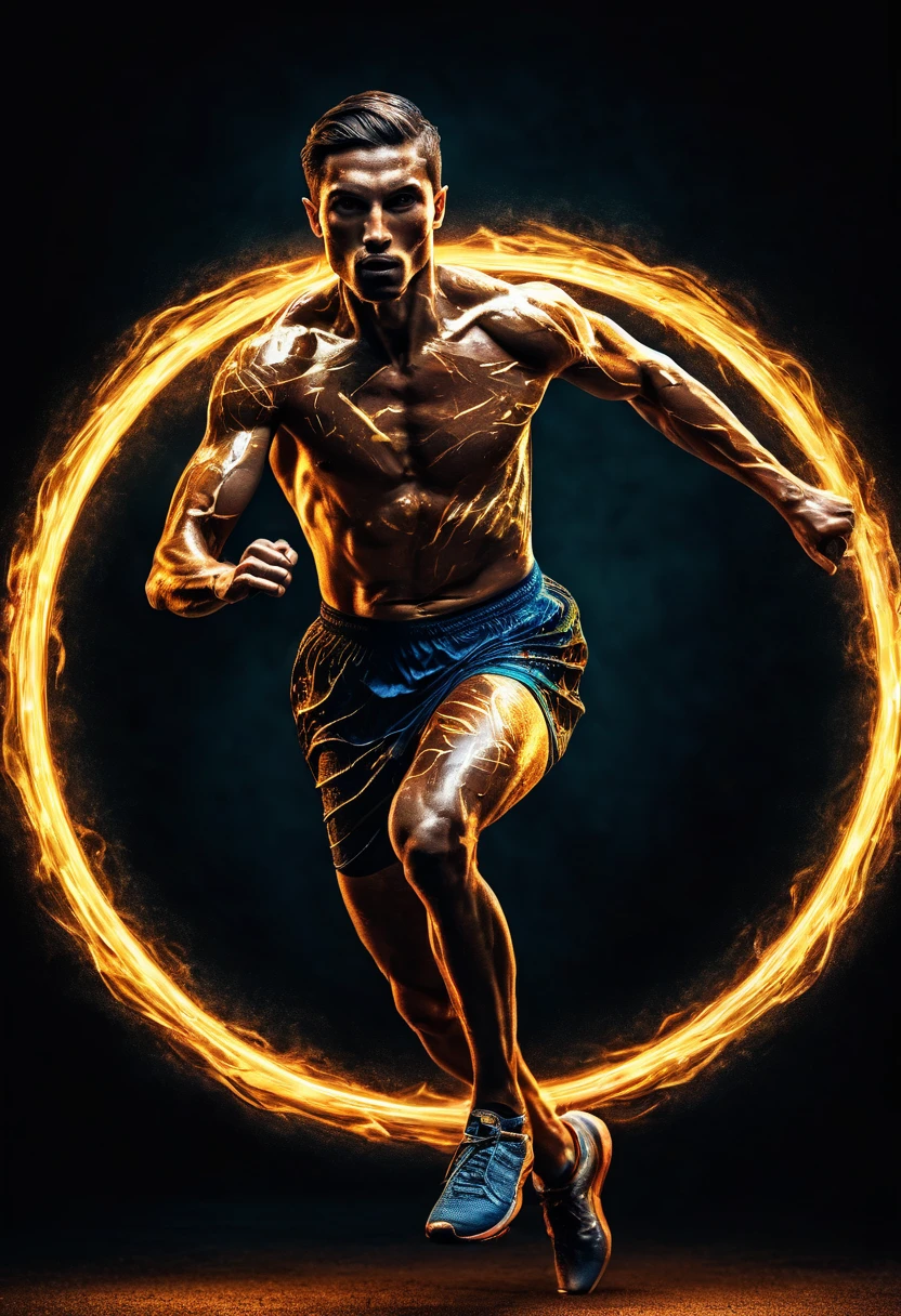 photoillustration of under exposure , an ancient Olympic athlete running with a torch in the hand(accurate 1.8)), seamless, light up eyes, texture and pattern, transparency effect, iconic running stance, holding a torch, dramatic shadows, dramatic lights, interlacing elements, front view, fantasy art, two tones, digital manipulated photo art, hyper-realistic, ultra-detailed, crisp clarity, high-contrast, luminous ambiance, rich textures, intricate patterns, vivid colors, cinematic lighting, photo realistic, accurate anatomical proportions, neon-astral circle background
