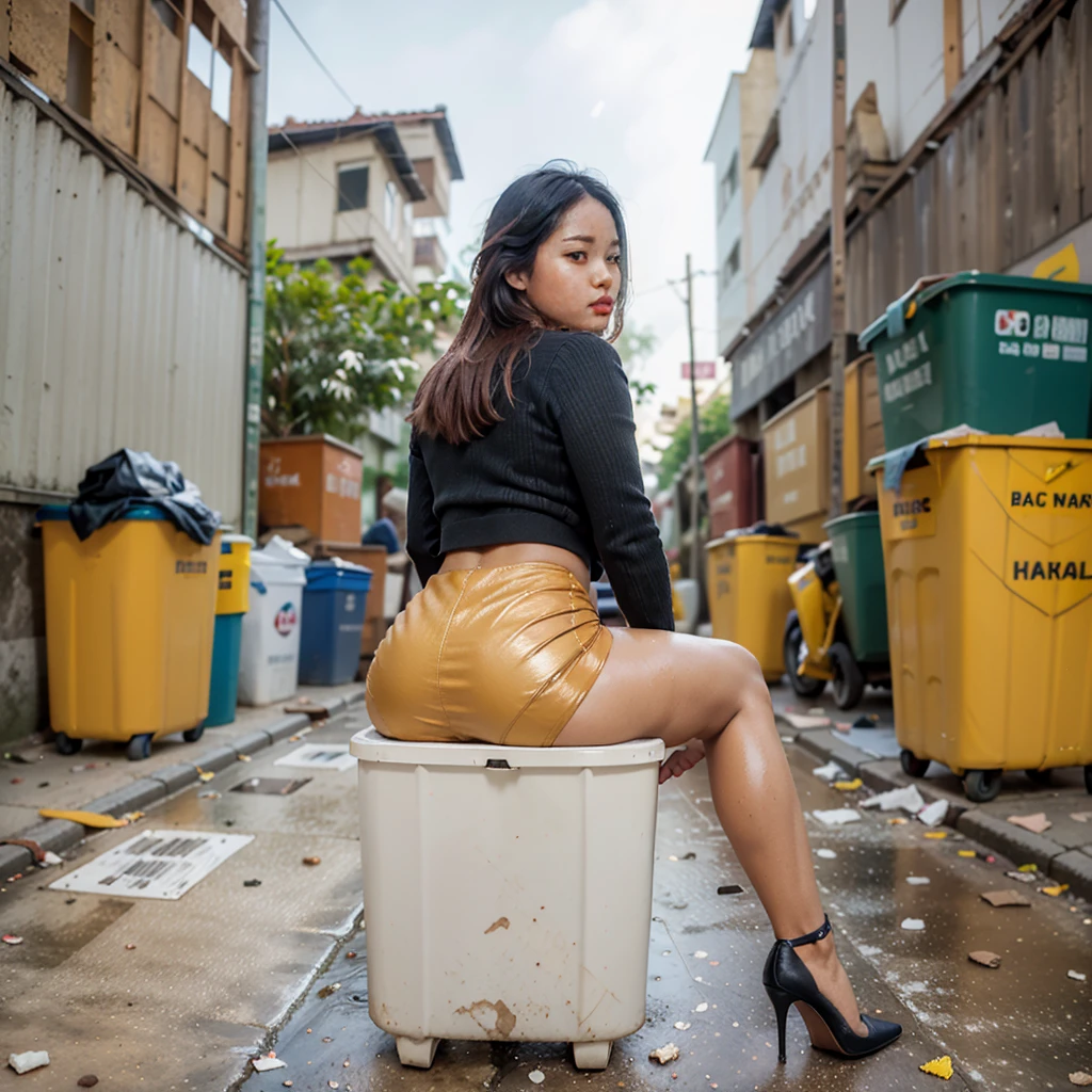 beautiful woman，pretty lady MoonLay, elegant korean model，smooth face skin, Ulzzang hair，Ulzzang makeup，double eyelids，Big eyes，flashy makeup，Semi-long，black hair，business woman，high class female secretary，night，outdoors，darkness，Southeast Asia slums，Slum Street，In the real night, in a dark alley，Narrow back alley，Between Buildings，Back alley of slum entertainment district，There is a lot of garbage on the street，Empty cans are falling，Filth is falling，Garbage dump，wet ground，In the real night, in the back alleys of the slums，In the real night，Elegant black wool business suit，black wool jacket，white collared shirt，amazing big breasts，big breasts，sexy cleavage，(Tight skirt made of elegant black wool fabric cover full buttock )， (partially upskirt with white panty)， sexy legs，sexy thighs，Leather Pumps，long legs，sitting in the trash can，汚いsitting in the trash can，Metal trash can sitting in the trash can，sitting with legs apart，Legs wide open，Opening her legs and showing her shorts，showing red shorts，Panty shot，looking at the camera，facing forward，facing this way，Angle from your feet, Angle from below, Angle looking up from below, Crotch show off，midnight,dark,