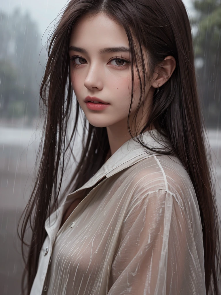 best quality,tmasterpiece,High resolution,Realistic,RAW photo,1girl,dark brown hair,Tall and tall,standing outside in the rain,Sense of strong contrast,Soft and textured skin, cold morning, With a shallow smile, With deep eyes