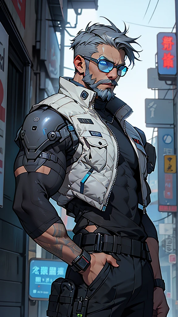 Grey and blue mesh short hair、Glasses、male、Tactical Vest、whole body、cyber punk、View here、front、beard