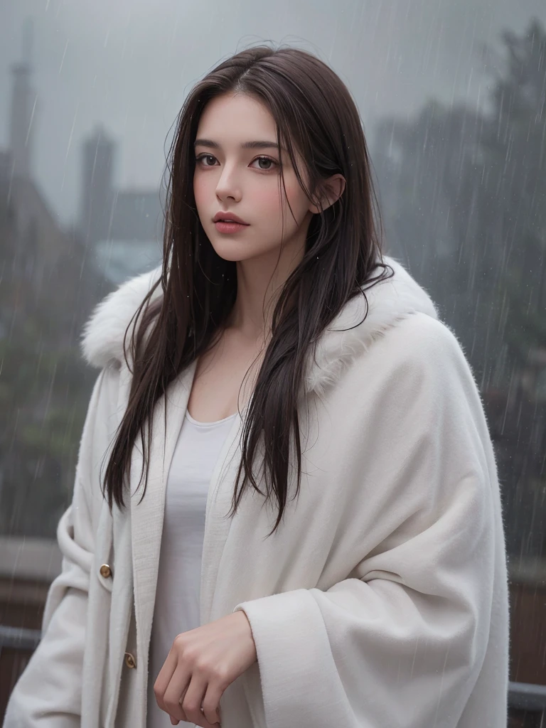 best quality,tmasterpiece,High resolution,Realistic,RAW photo,1girl,dark brown hair,Tall and tall,standing outside in the rain,Sense of strong contrast,Soft and textured skin, cold morning, With a shallow smile, With deep eyes