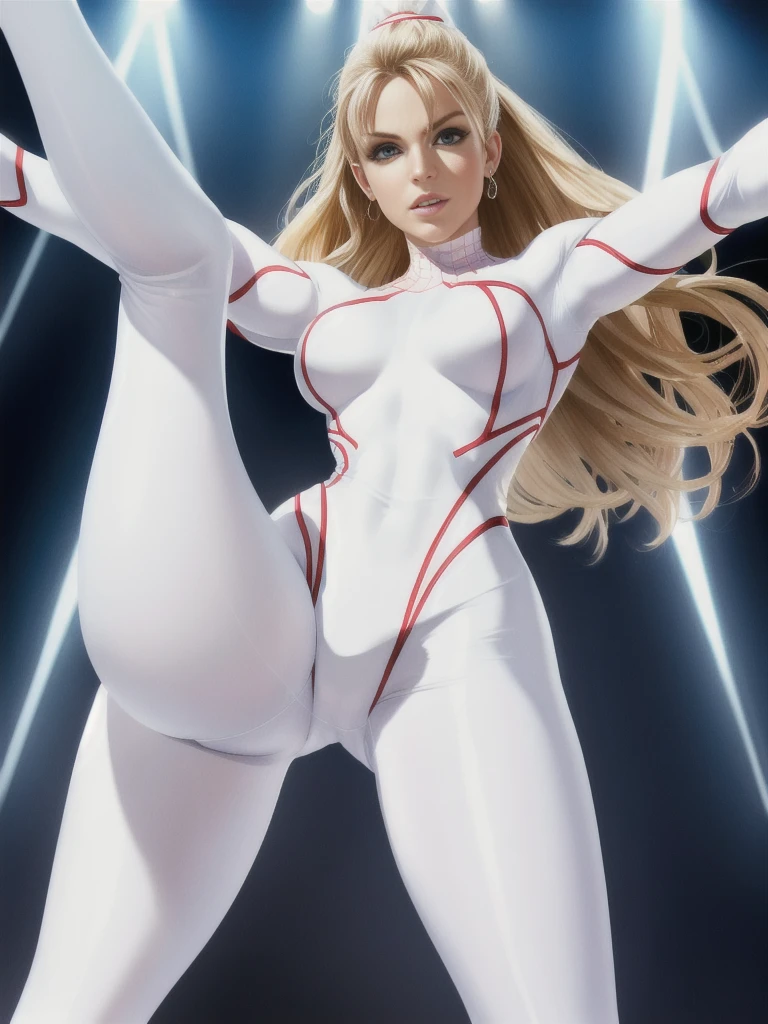 leg shot, best quality, high contrast. 16K resolution, hyper realism, real life, masterpiece, perfect face, detailed eyes, expressive eyes,(Photorealistic, RAW, 16K, Masterpiece, UHD), full body, 1girl, 19 years old, pop singer Britney Spears as White Spiderwoman in full body white leotards, tight body suit, white leather boots, shiny tight leggings, Britney Spears as the White Spiderman, Spiderman fighting stance, Extremely Realistic