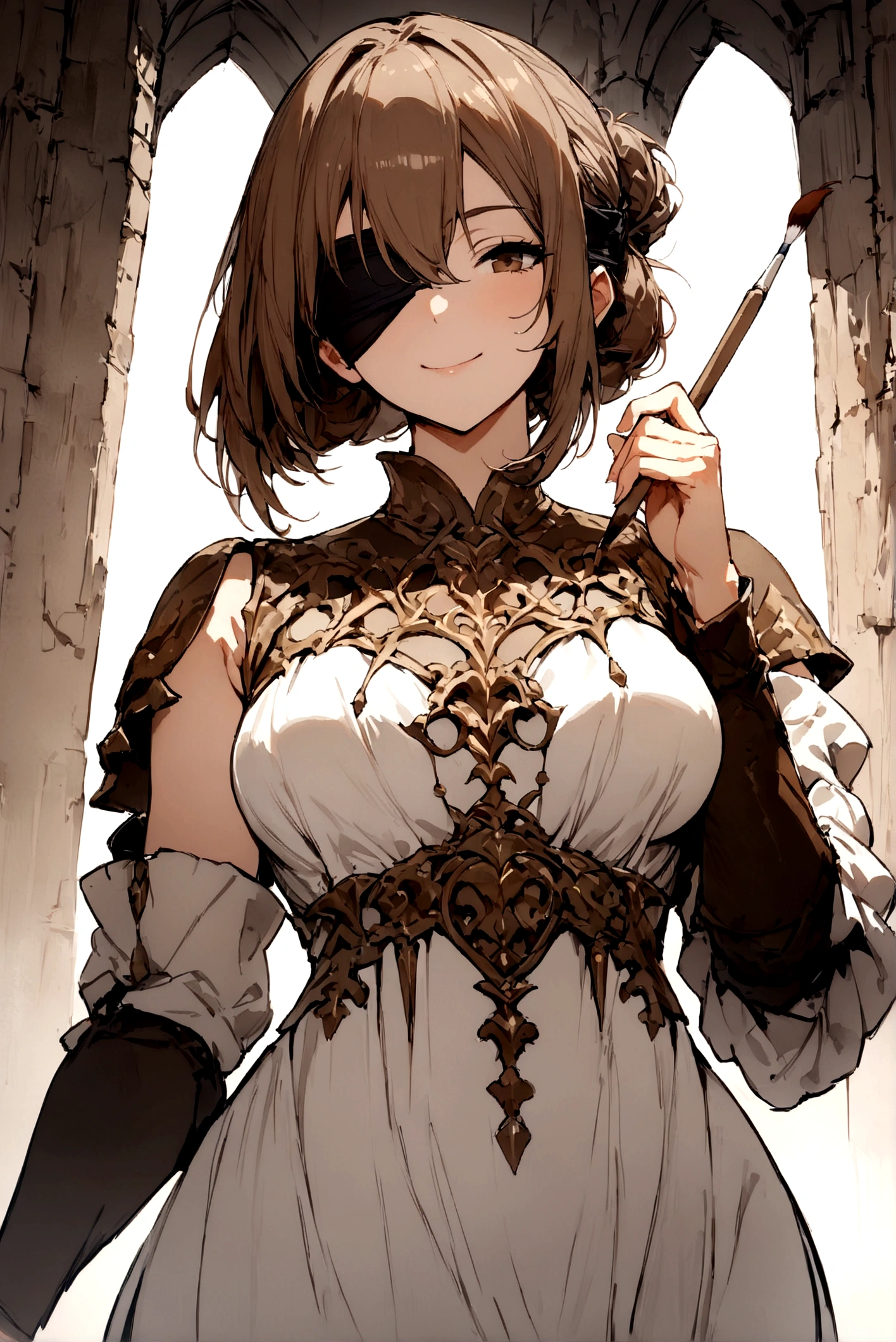 ((masterpiece)), ((best quality)), (from front, facing front:1.32), (close-up:1.2), (half-body shot:1.36), (middle part hairstyle), perfect anatomy, 1girl, solo, adult woman, short brown straight hair, blindfolded, basic medieval low-sleeved white loose dress, holding a paintbrush, smiling