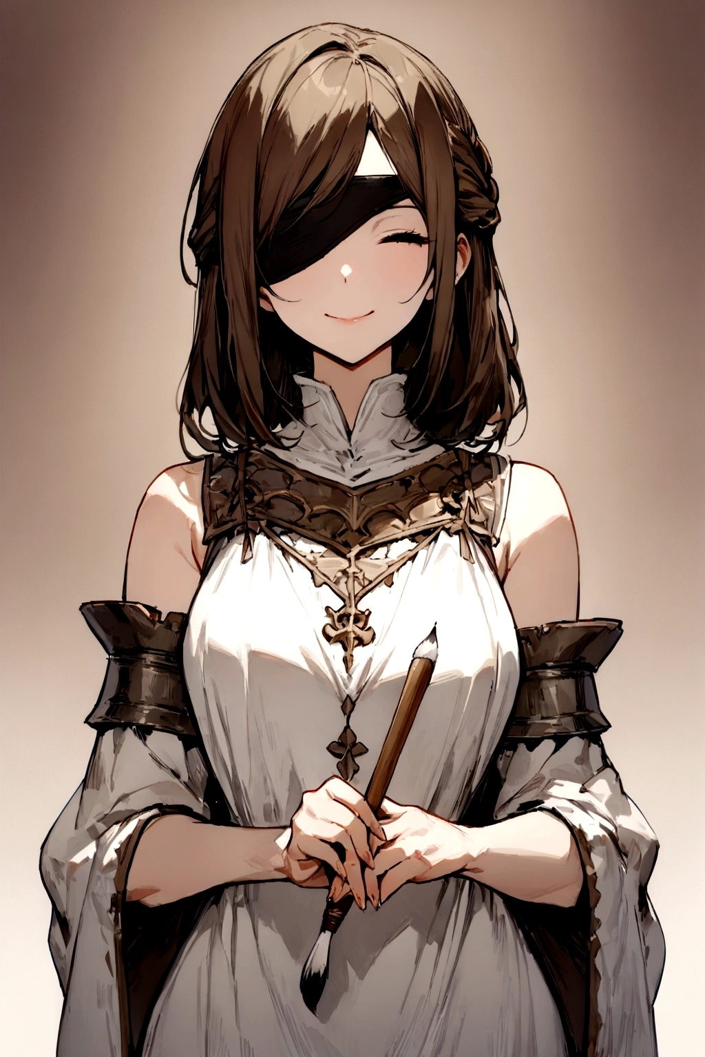 ((masterpiece)), ((best quality)), (from front, facing front:1.32), (close-up:1.2), (half-body shot:1.36), (middle part hairstyle), perfect anatomy, 1girl, solo, adult woman, short brown straight hair, blindfolded, basic medieval low-sleeved white loose dress, holding a paintbrush, smiling
