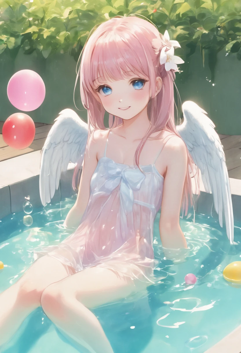 Watercolor textures used. Delicate Japanese water balloons floating in water in a delicate vinyl Japanese kiddie pool on a fresh sunny summer day. A super cute and beautiful little angel of a young girl drawn with a delicate moe anime touch. Delicate and cute in a delicately designed yukata. lilia, She looks cool with only her feet in the water of a delicate Japanese kiddie pool. Delicate Japanese wind chimes swaying in the wind on the eaves of the porch. She smiles with her mouth open. Round, large, sparkling, attractive eyes. Her hair is delicate and silky pink and strikingly pretty. Cute composition and pose. Large translucent shiny angel wings. Tasteful and cool background of Japanese house with delicate porch, delicate Japanese wind chimes and cool Japanese water balloons floating in water Japanese kiddie pool on sunny fresh summer day. Cute . Summer . Mocking. Childish. Moe. Fantasy. Magical fantasy. Top quality. Highest quality. Highest detail.